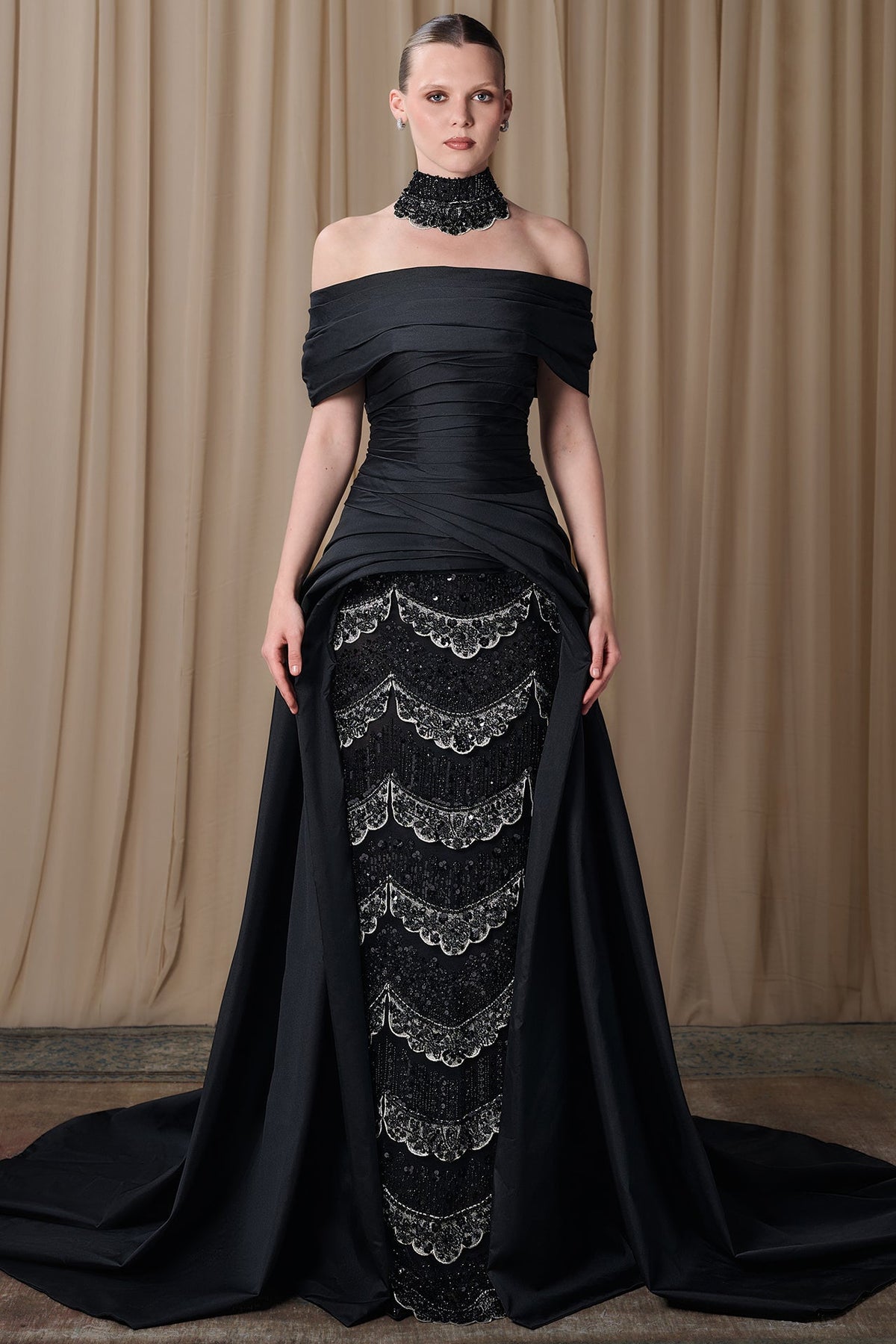 Off-Shoulder Satin Overskirt Gown