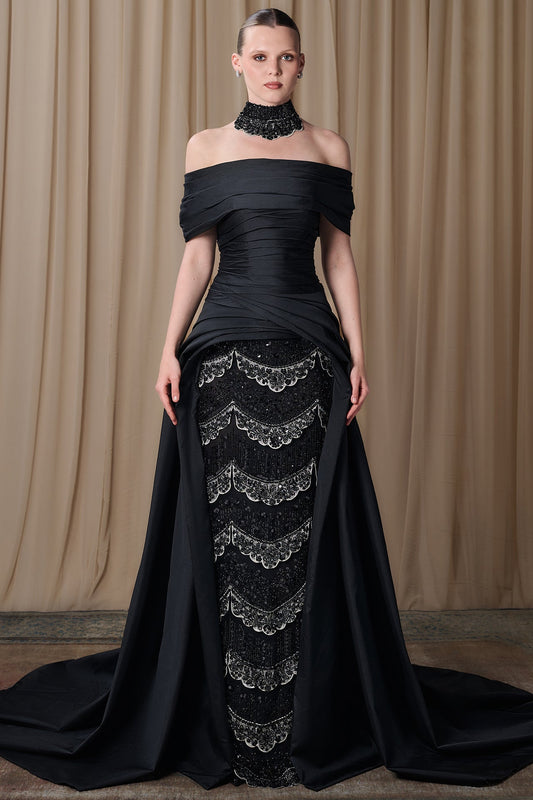Off-Shoulder Satin Overskirt Gown