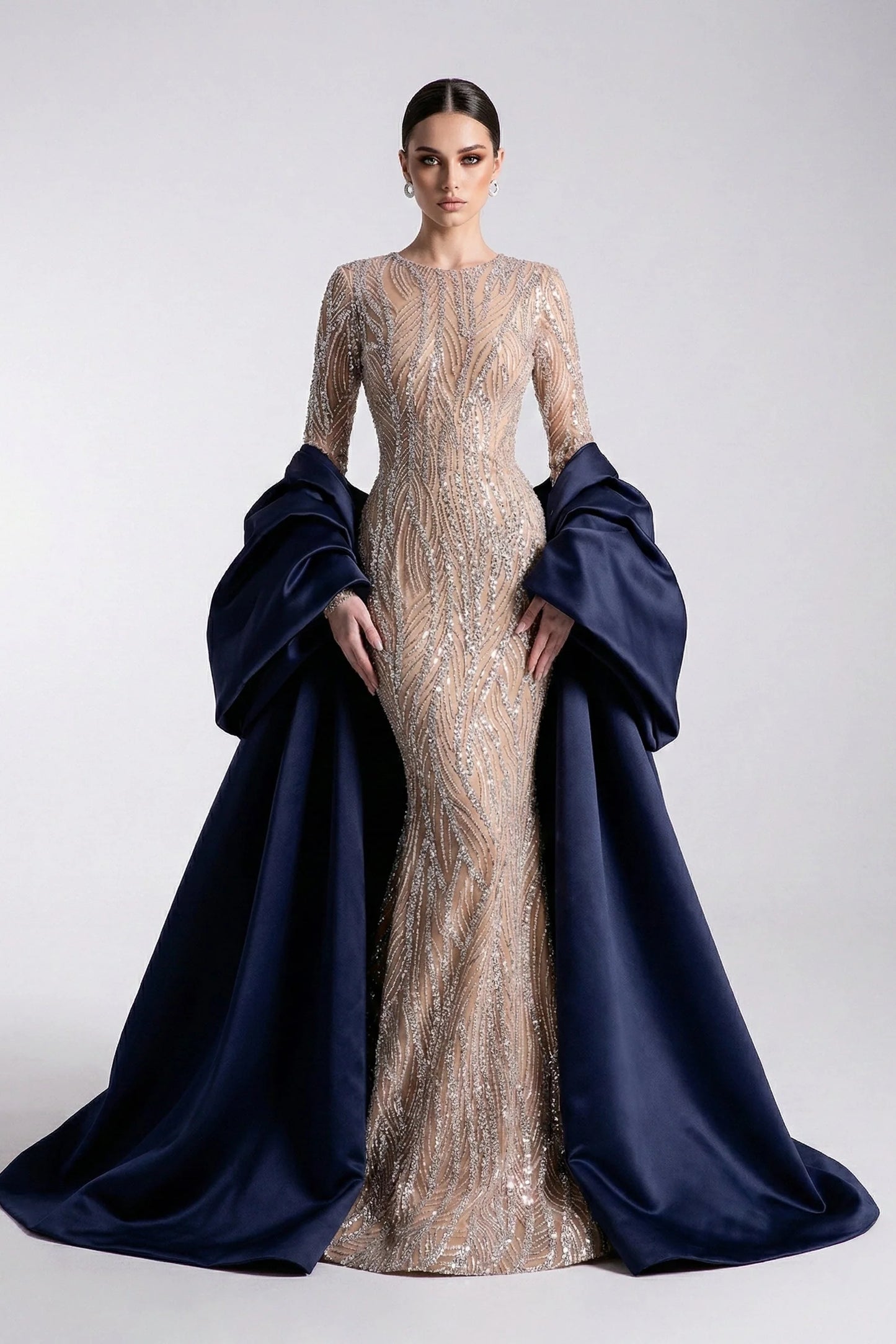 Embellished Long Sleeve Gown with Cape