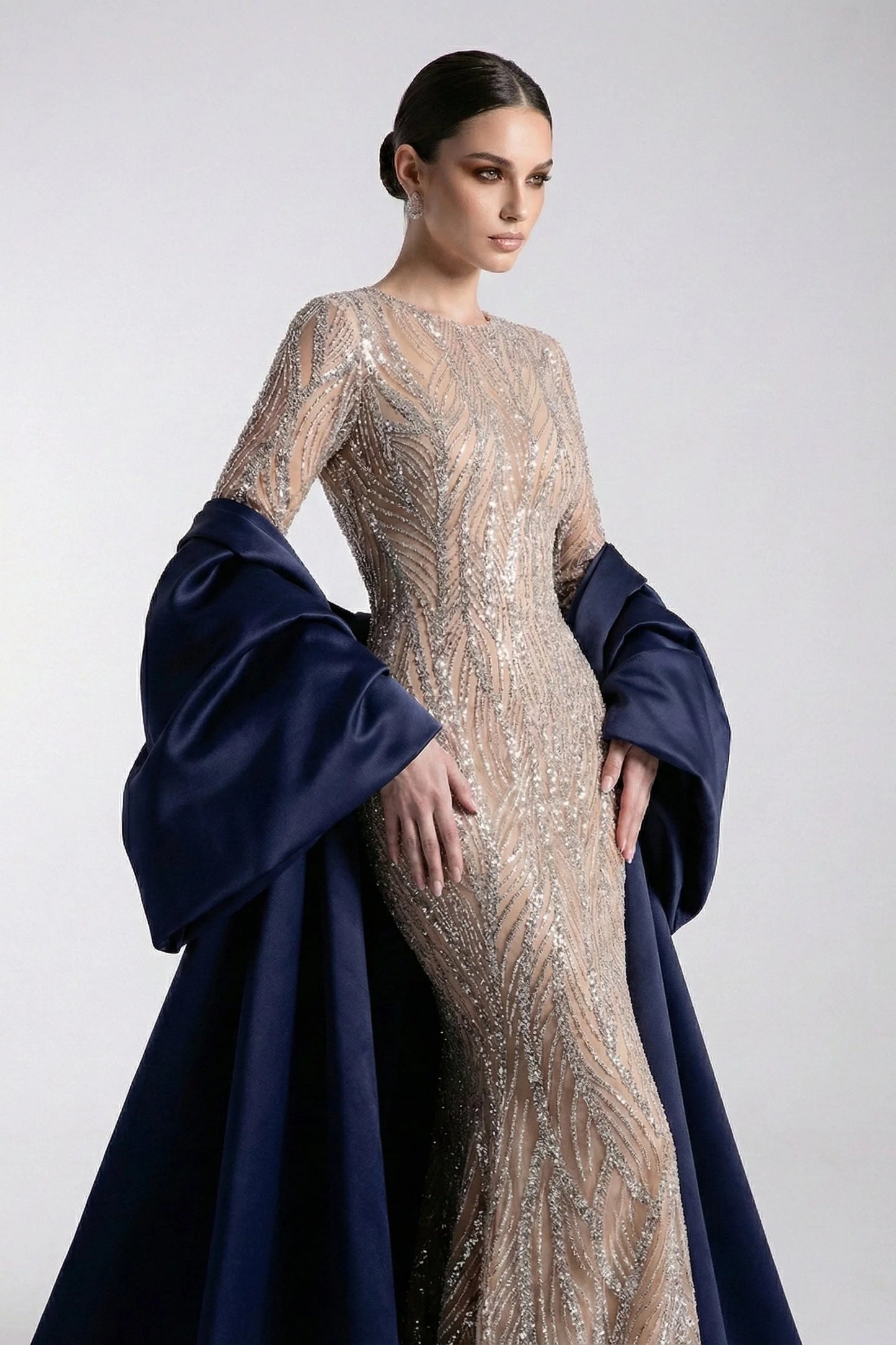 Embellished Long Sleeve Gown with Cape