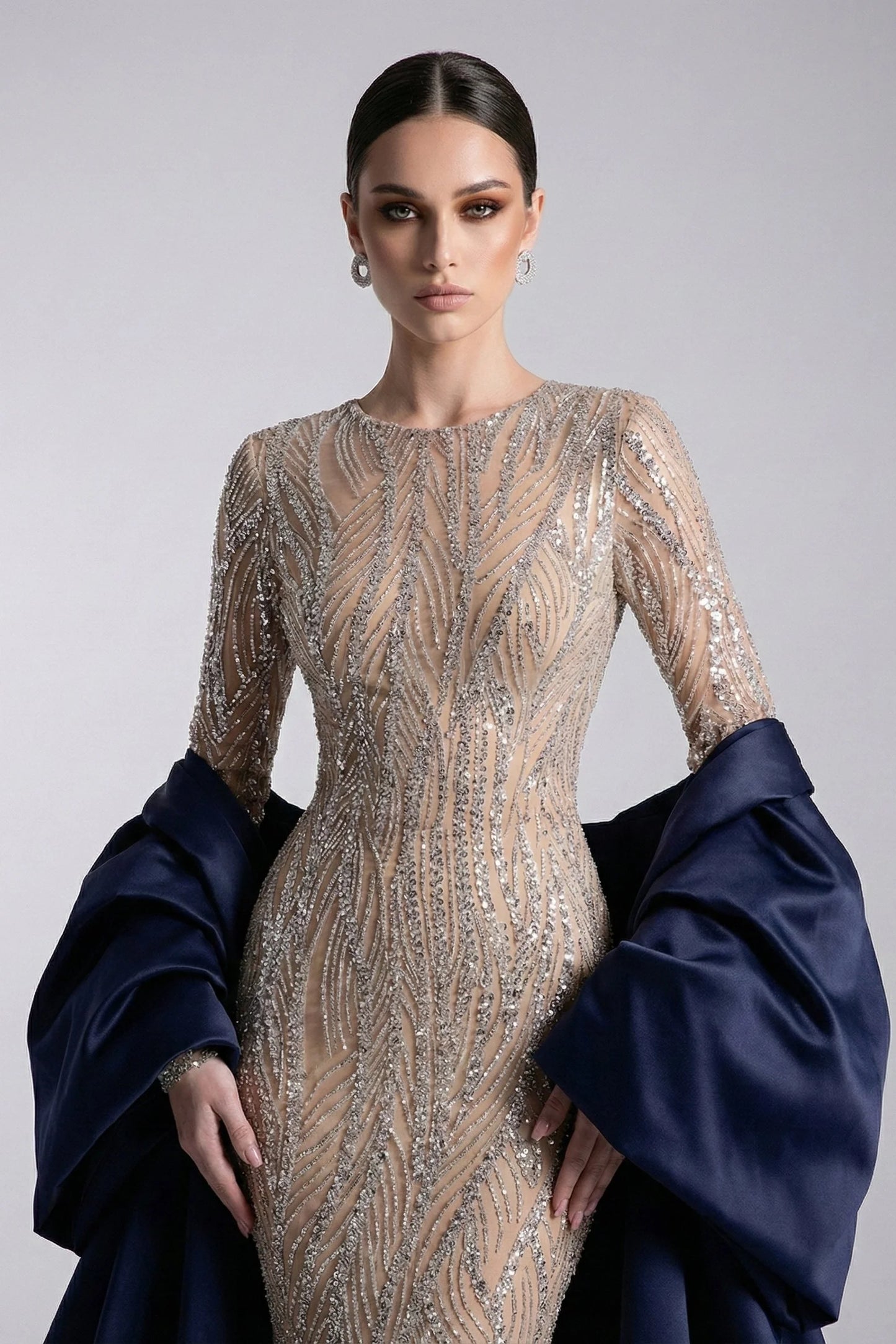 Embellished Long Sleeve Gown with Cape
