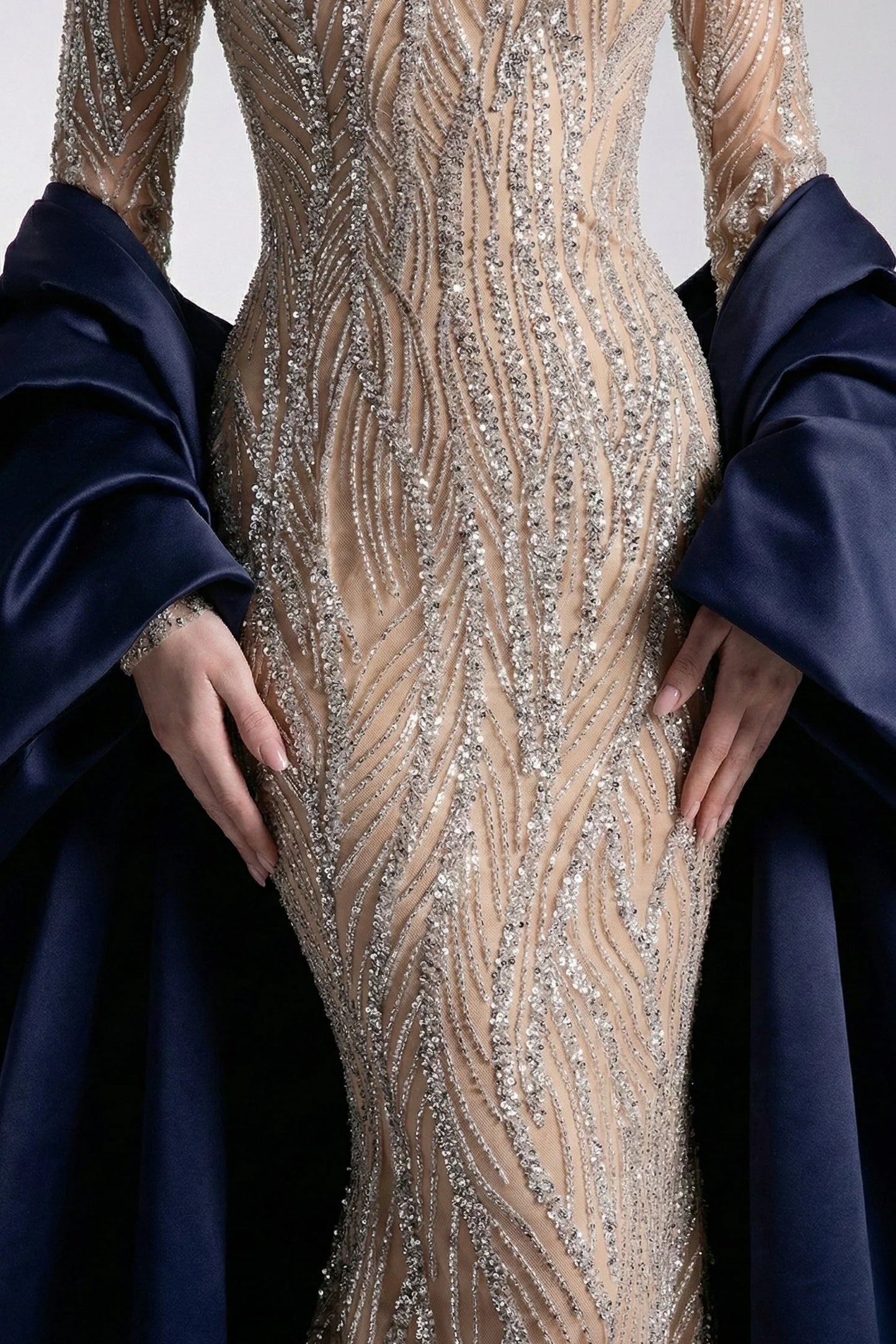 Embellished Long Sleeve Gown with Cape