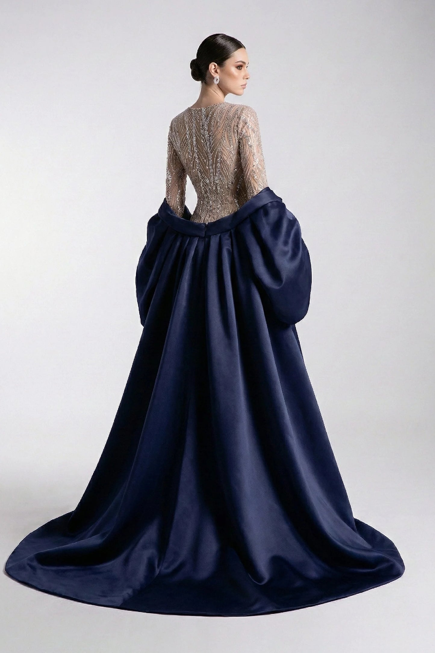 Embellished Long Sleeve Gown with Cape