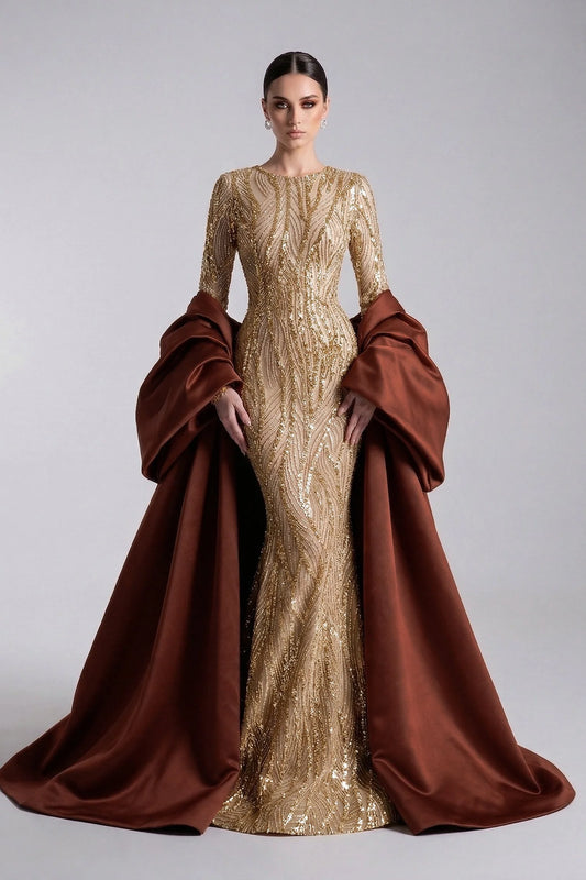 Embellished Long Sleeve Gown with Cape