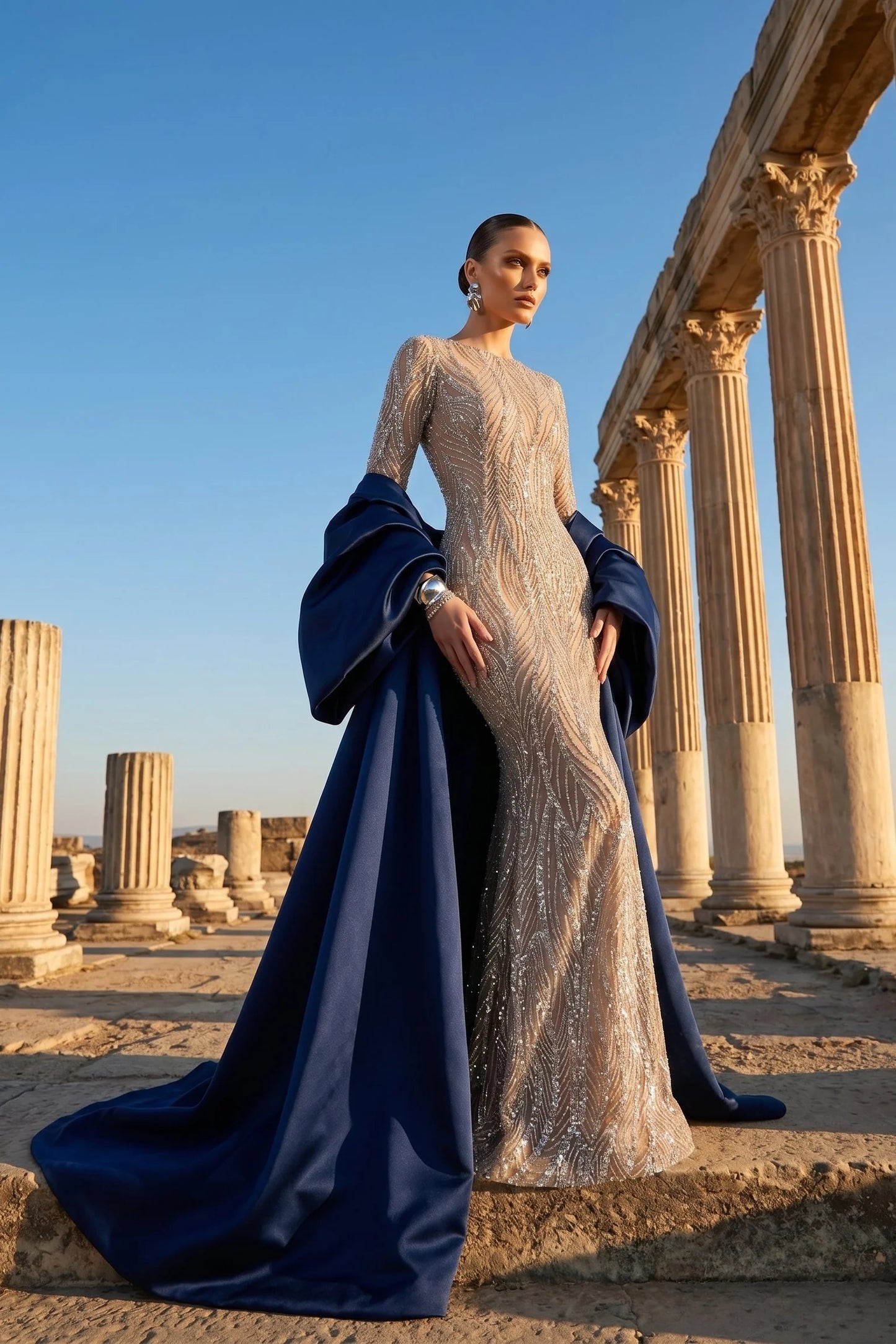 Embellished Long Sleeve Gown with Cape