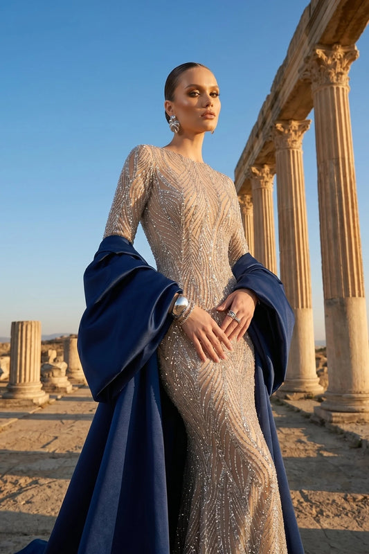 Embellished Long Sleeve Gown with Cape