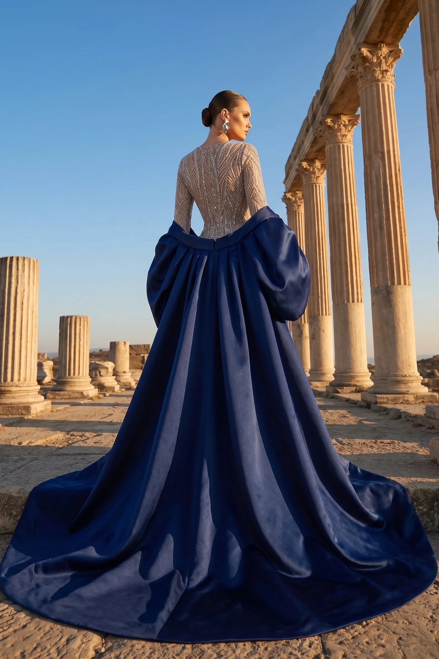 Embellished Long Sleeve Gown with Cape