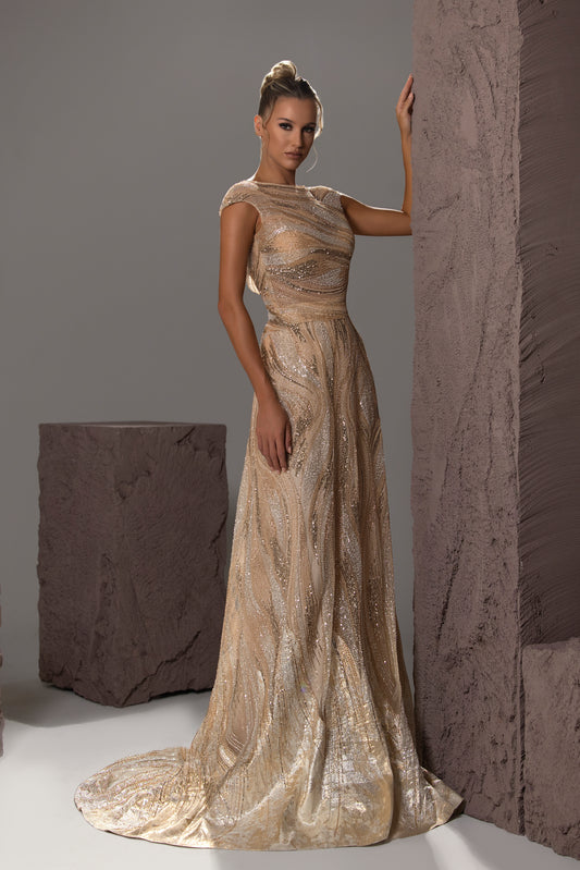 Cap-Sleeve Beaded Gown