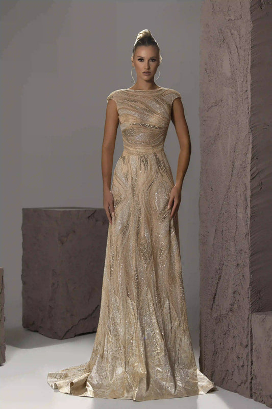 Cap-Sleeve Beaded Gown