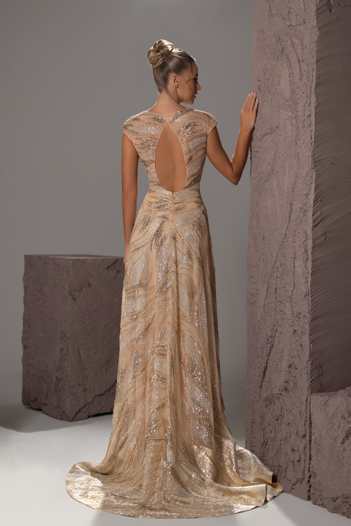 Cap-Sleeve Beaded Gown