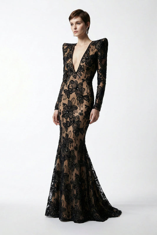 V-Neck Embroidered Lace Gown