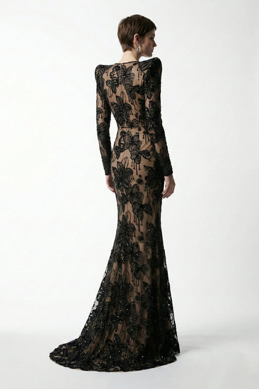V-Neck Embroidered Lace Gown