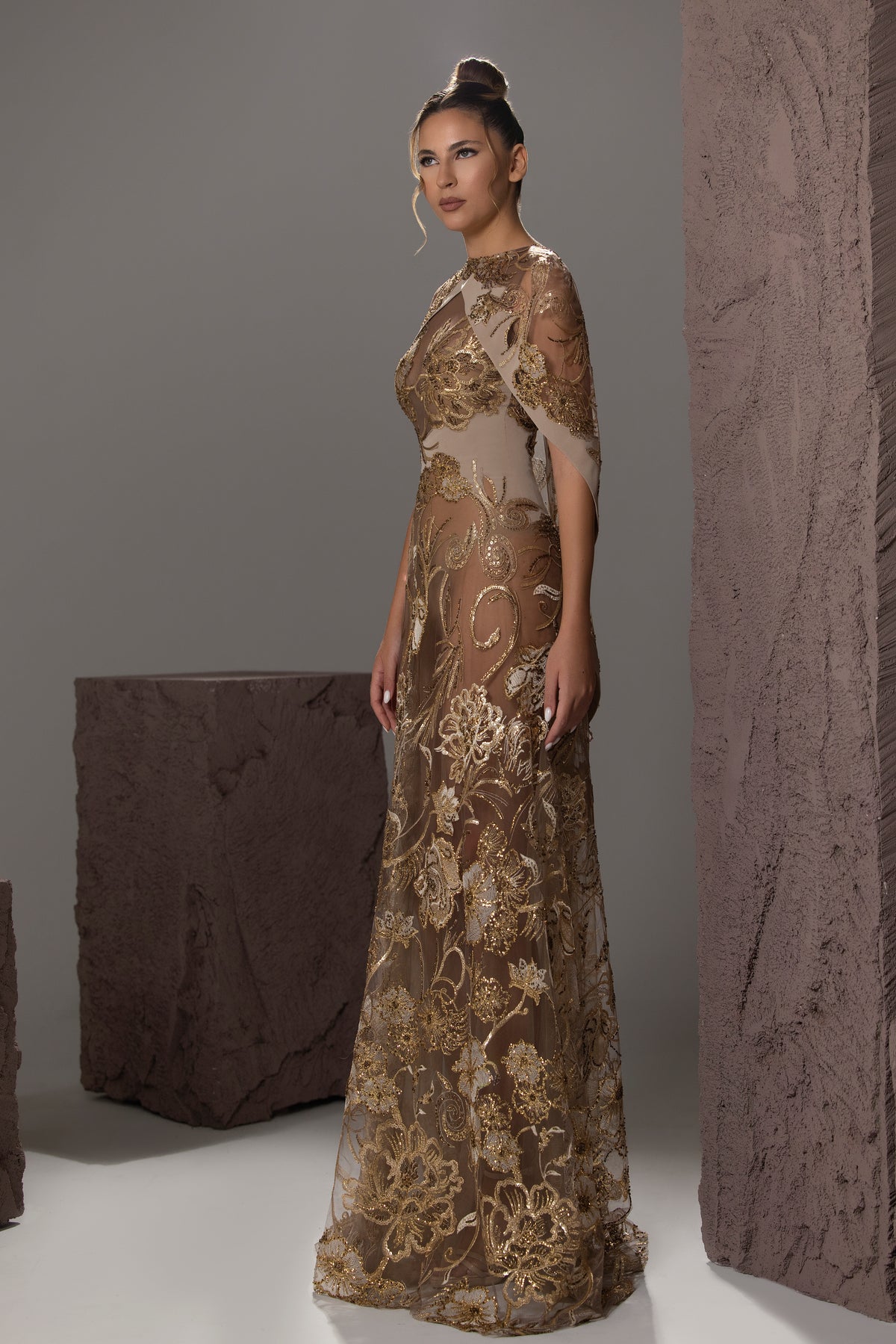 Embroidered Capelet Gown