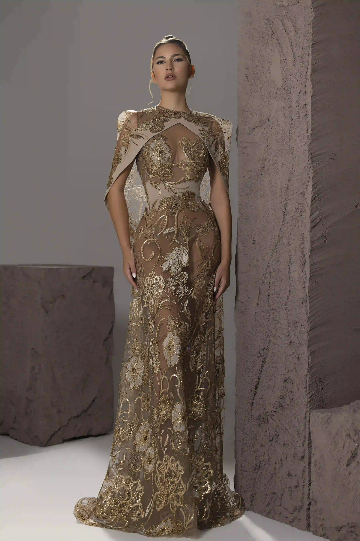 Embroidered Capelet Gown