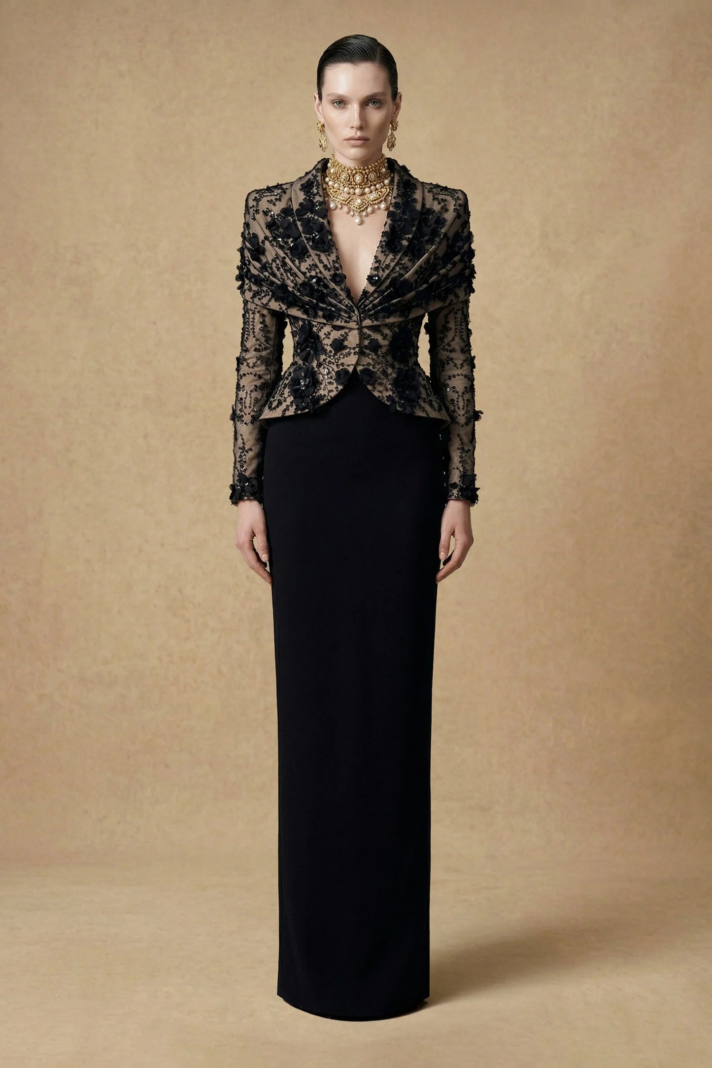 Embellished Lace Column Gown
