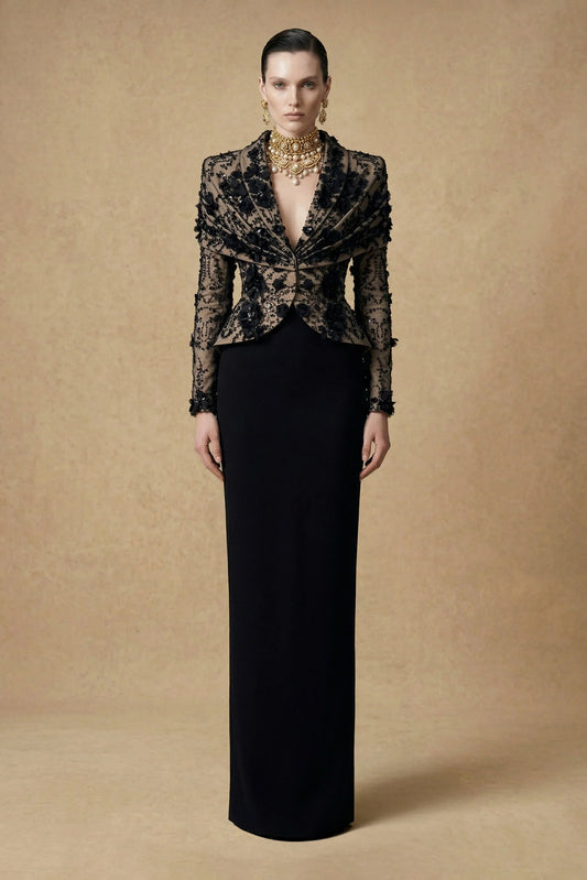 Embellished Lace Column Gown