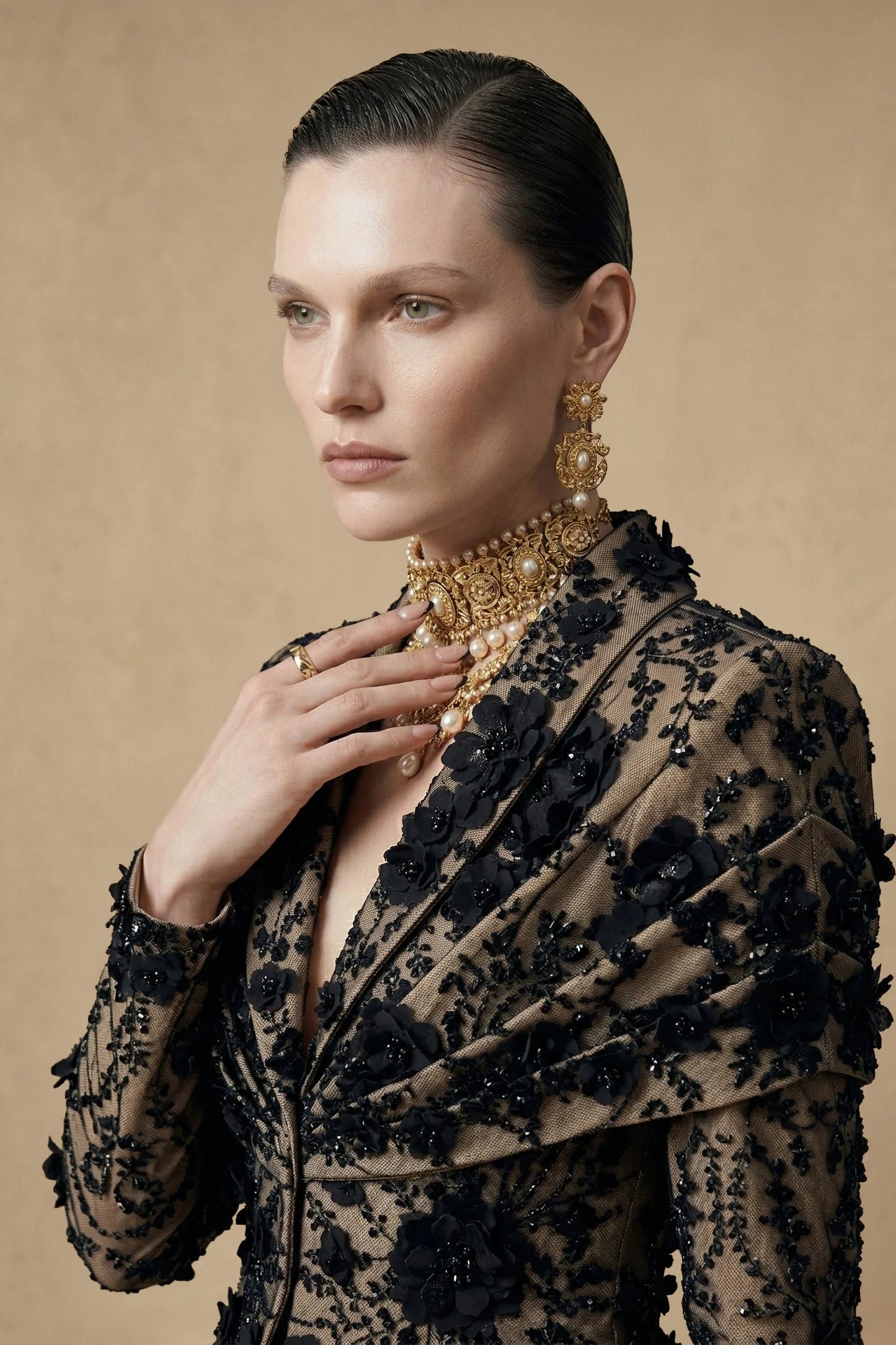 Embellished Lace Column Gown