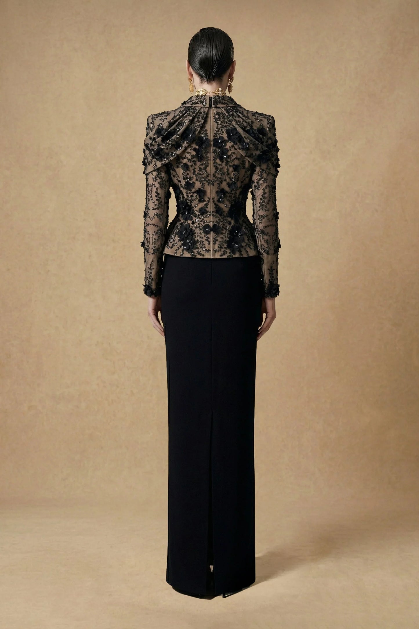 Embellished Lace Column Gown