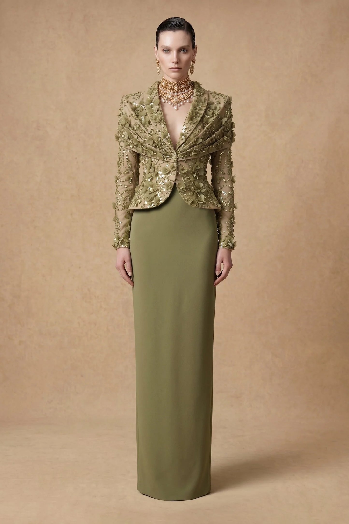 Embellished Lace Column Gown