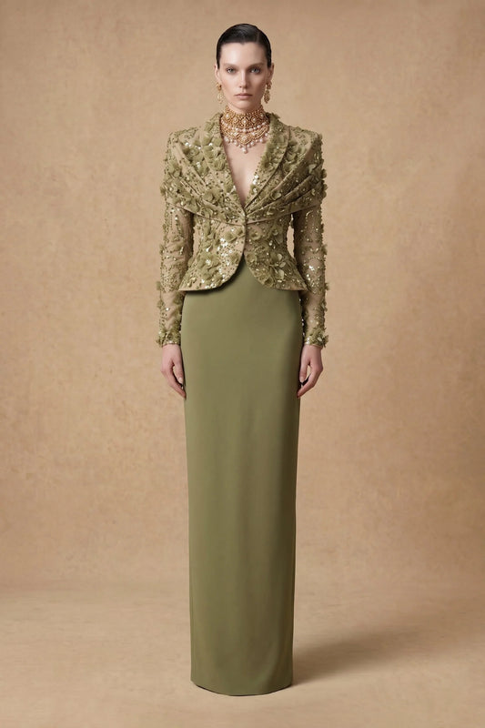Embellished Lace Column Gown