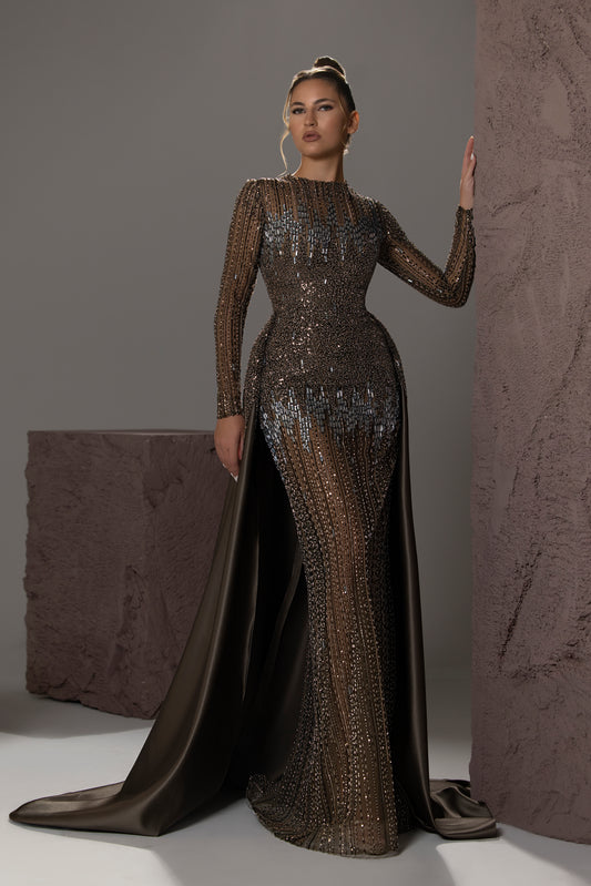 Beaded Satin Overskirt Gown