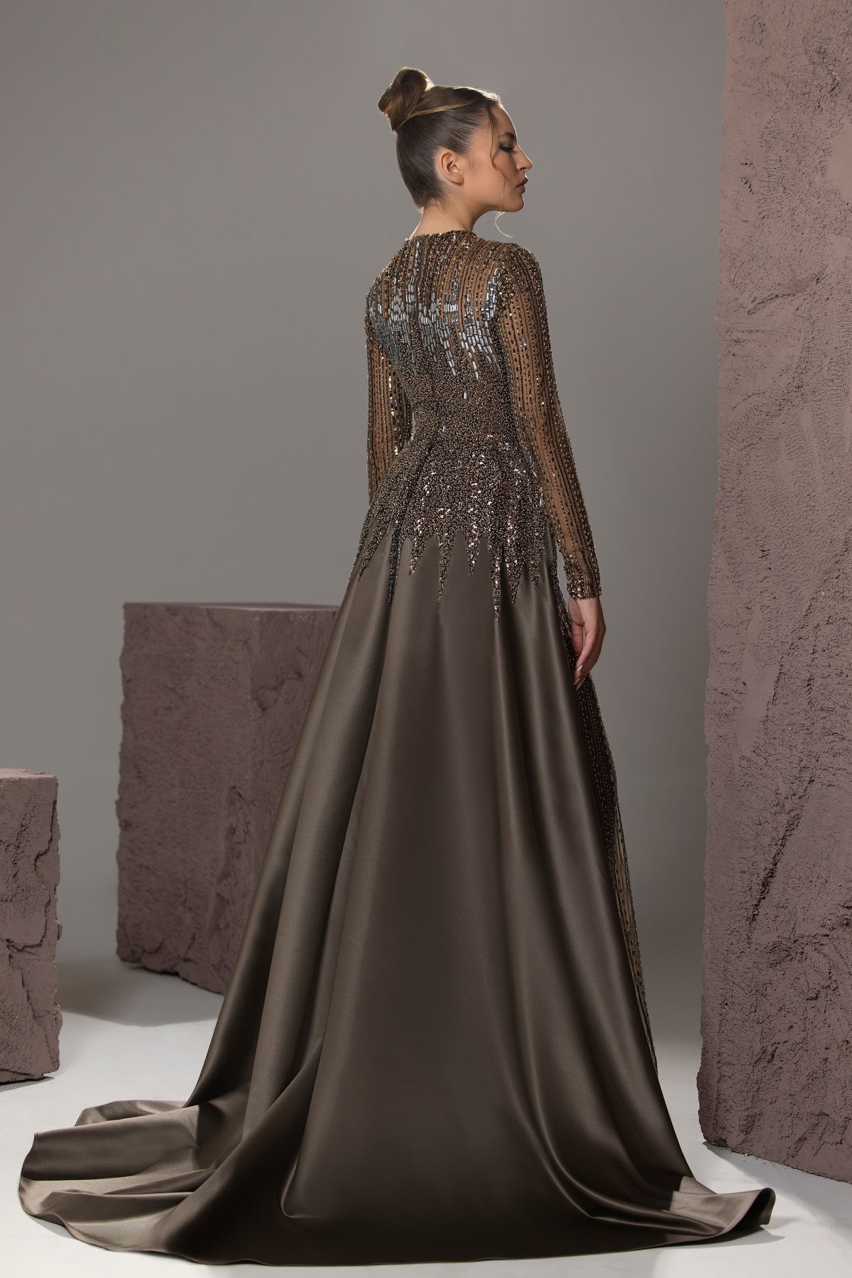 Beaded Satin Overskirt Gown