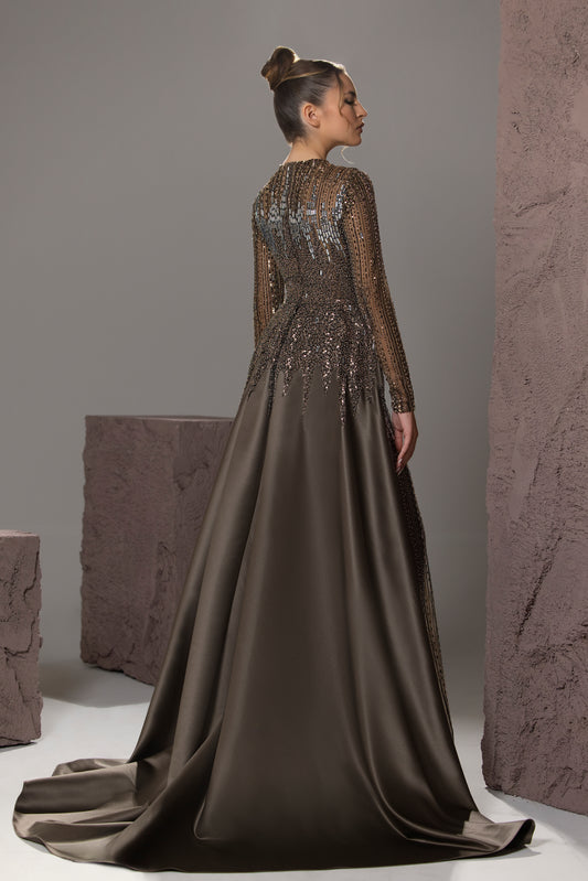 Beaded Satin Overskirt Gown