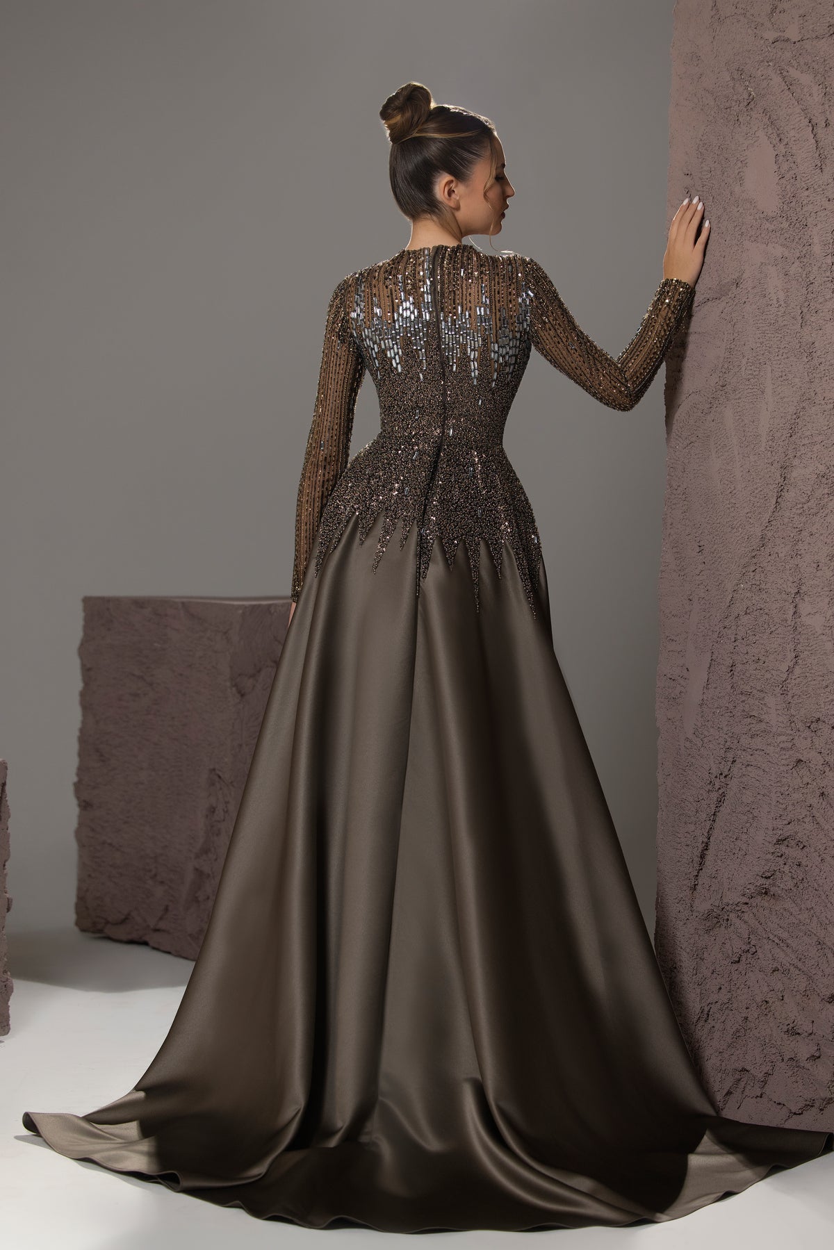 Beaded Satin Overskirt Gown