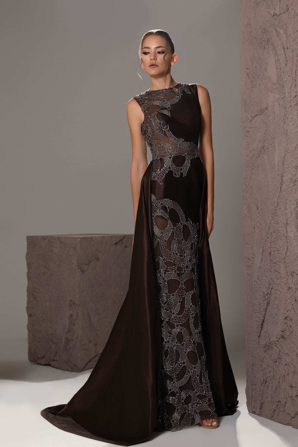 Beaded Illusion Overskirt Gown