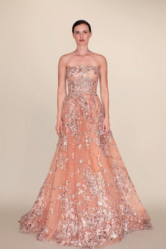 Embroidered Tulle Gown with Long Cape