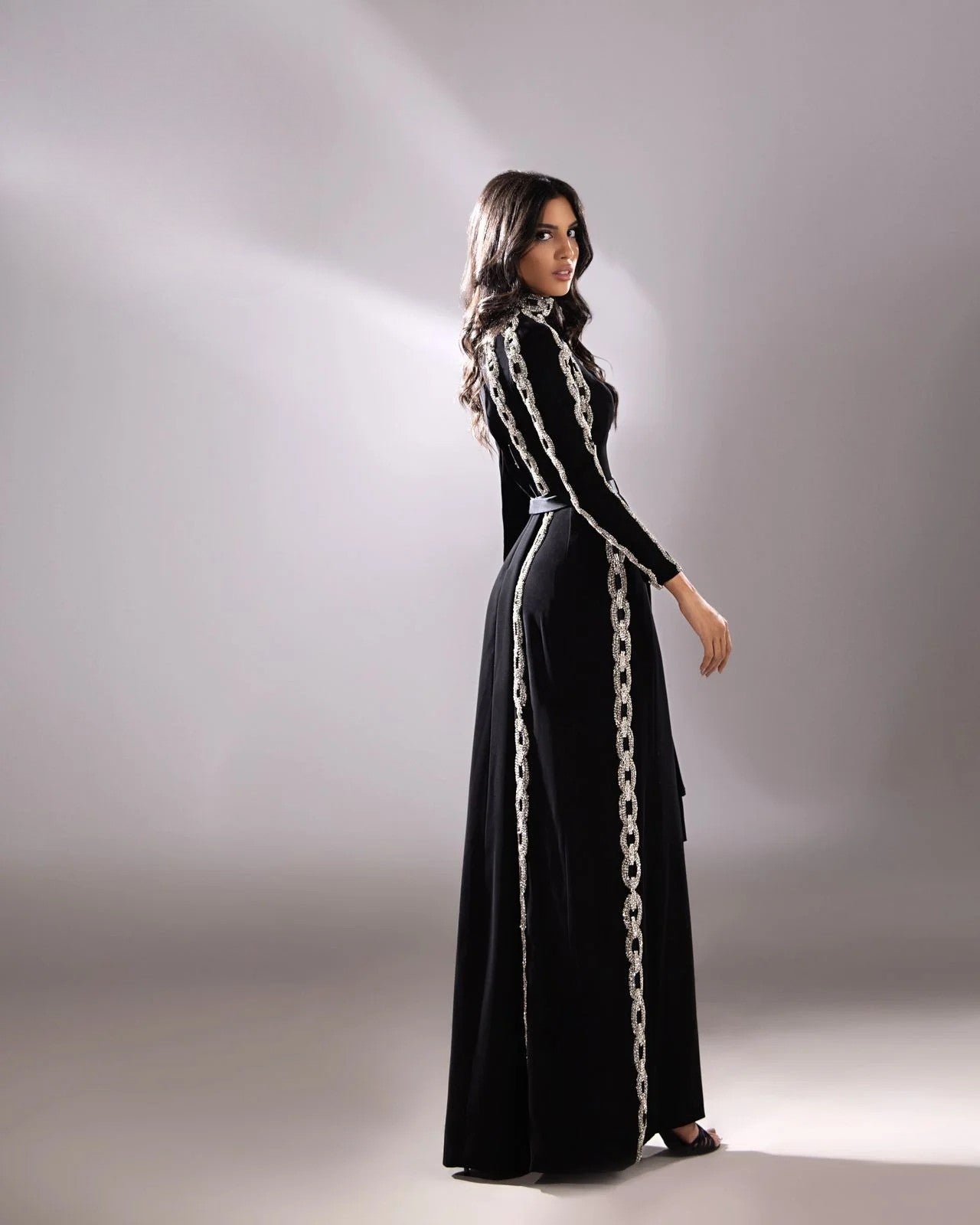 Chain Embroidered Long Sleeve Gown
