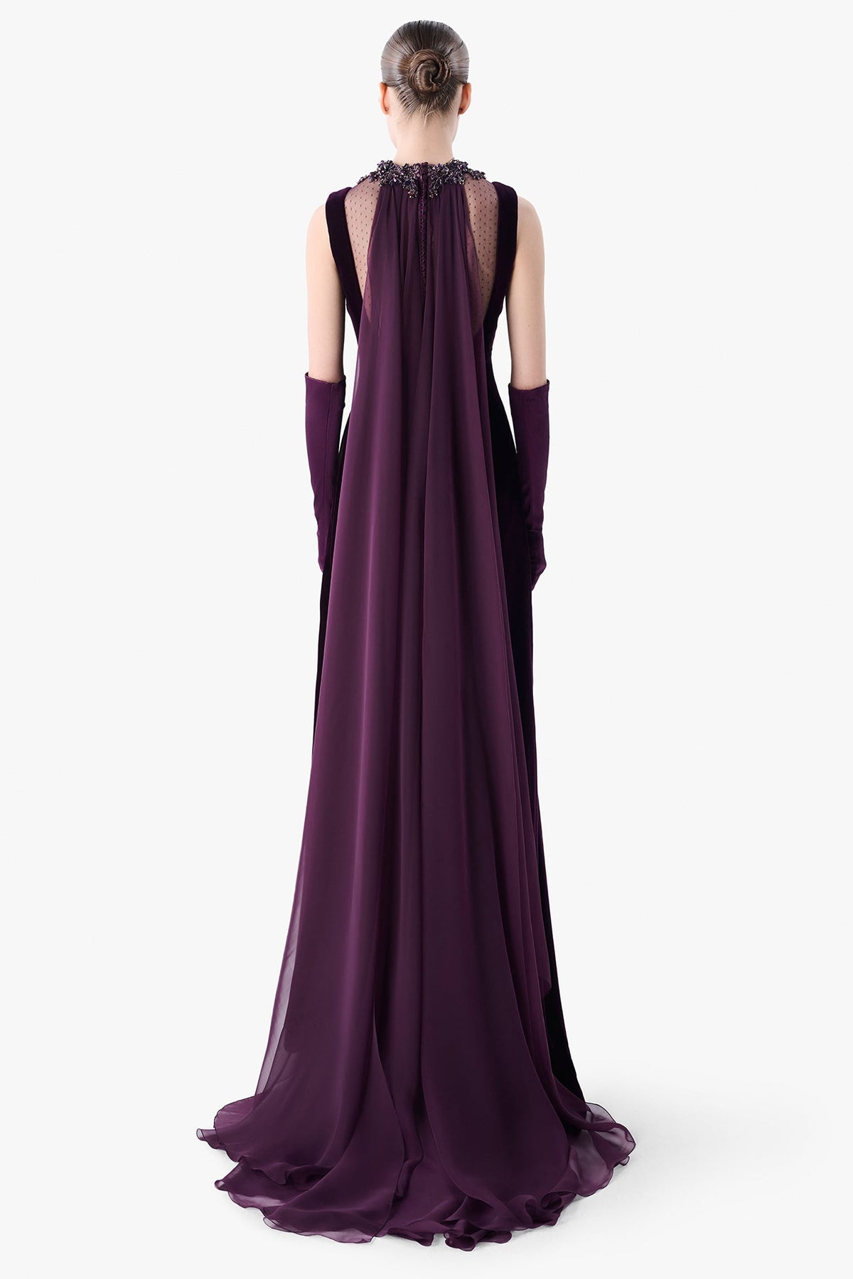 Embroidered Illusion Neck Velvet Gown