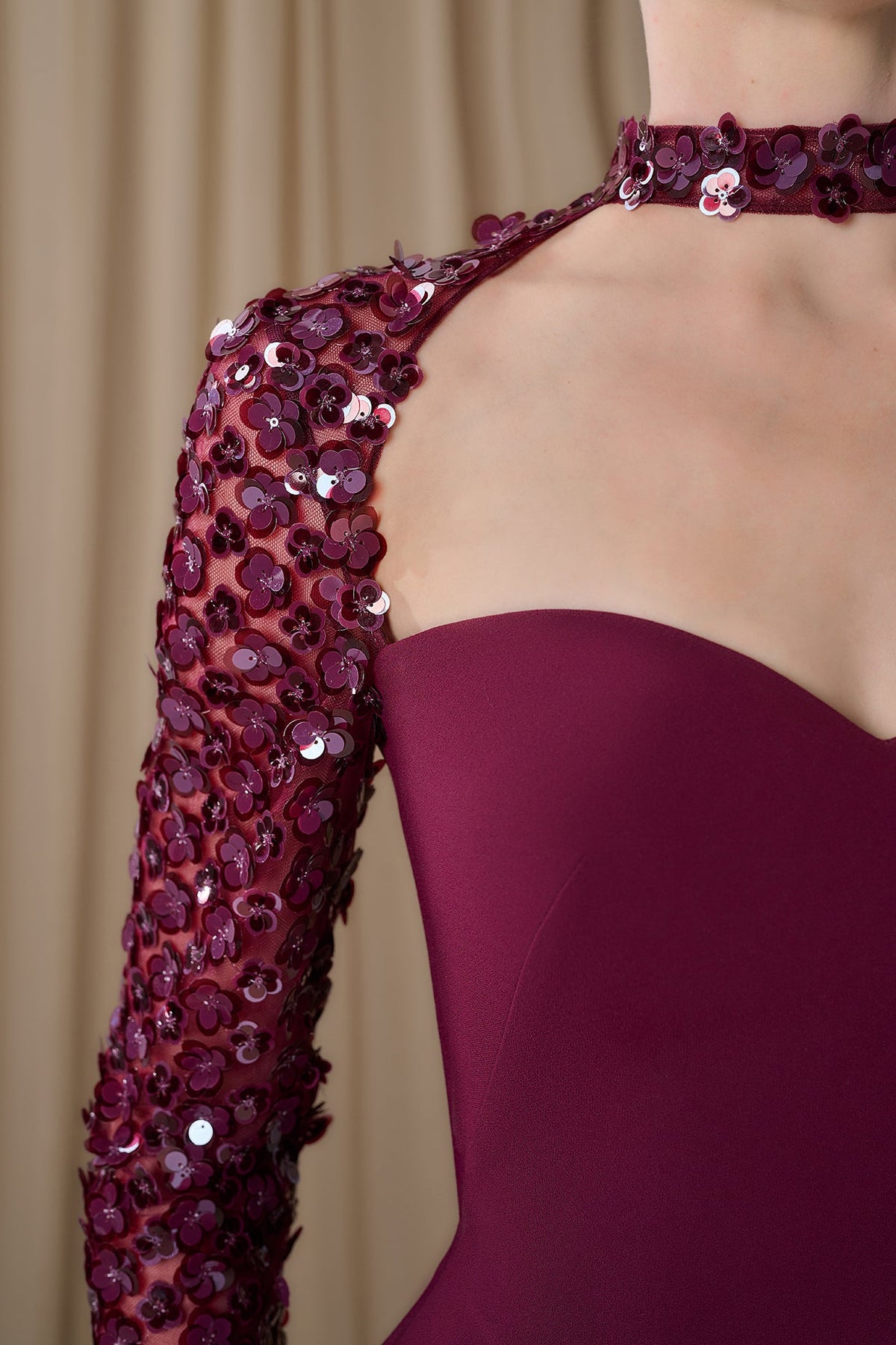 Sweetheart Sequin-Sleeve Gown