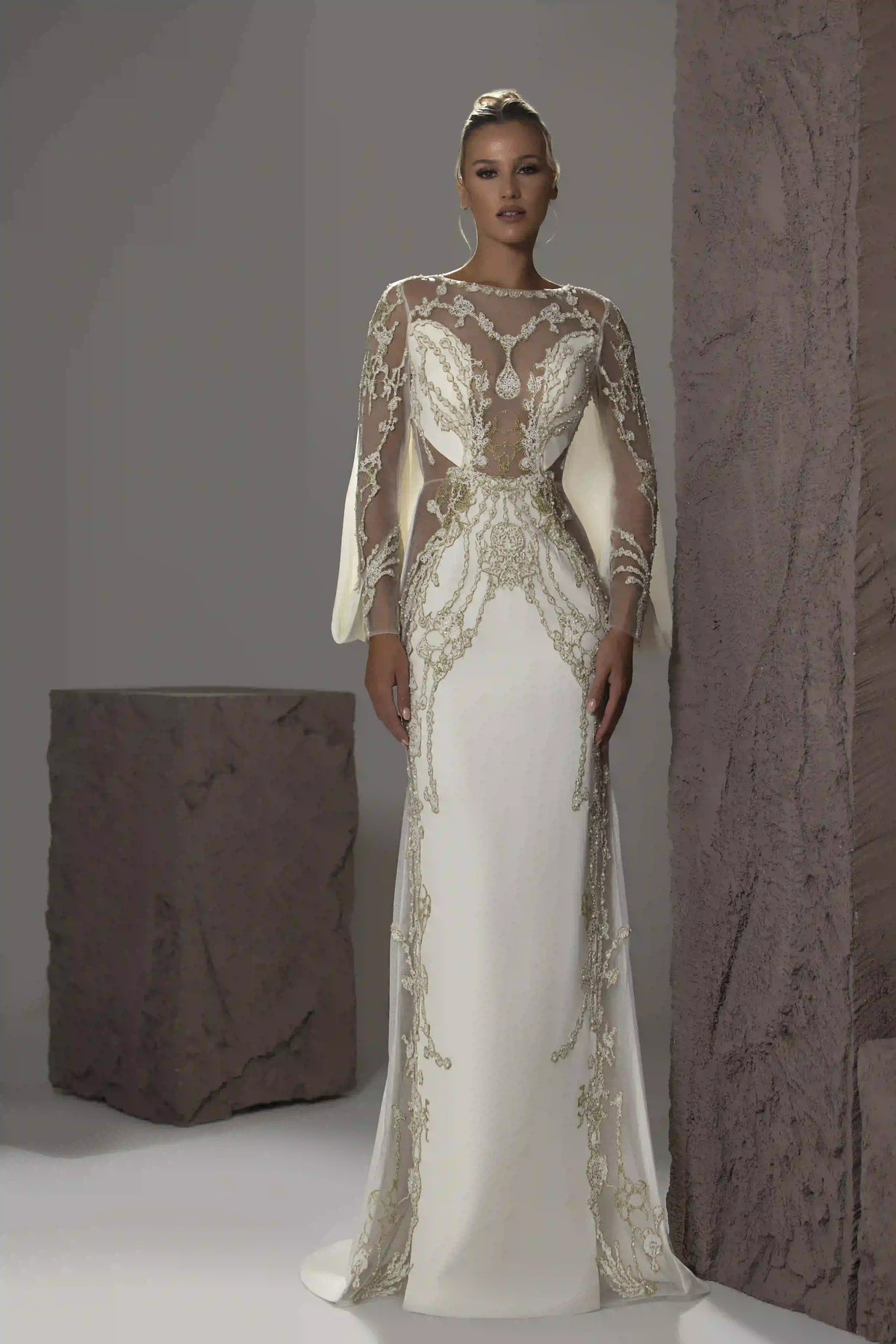 Beaded Illusion Cape Gown