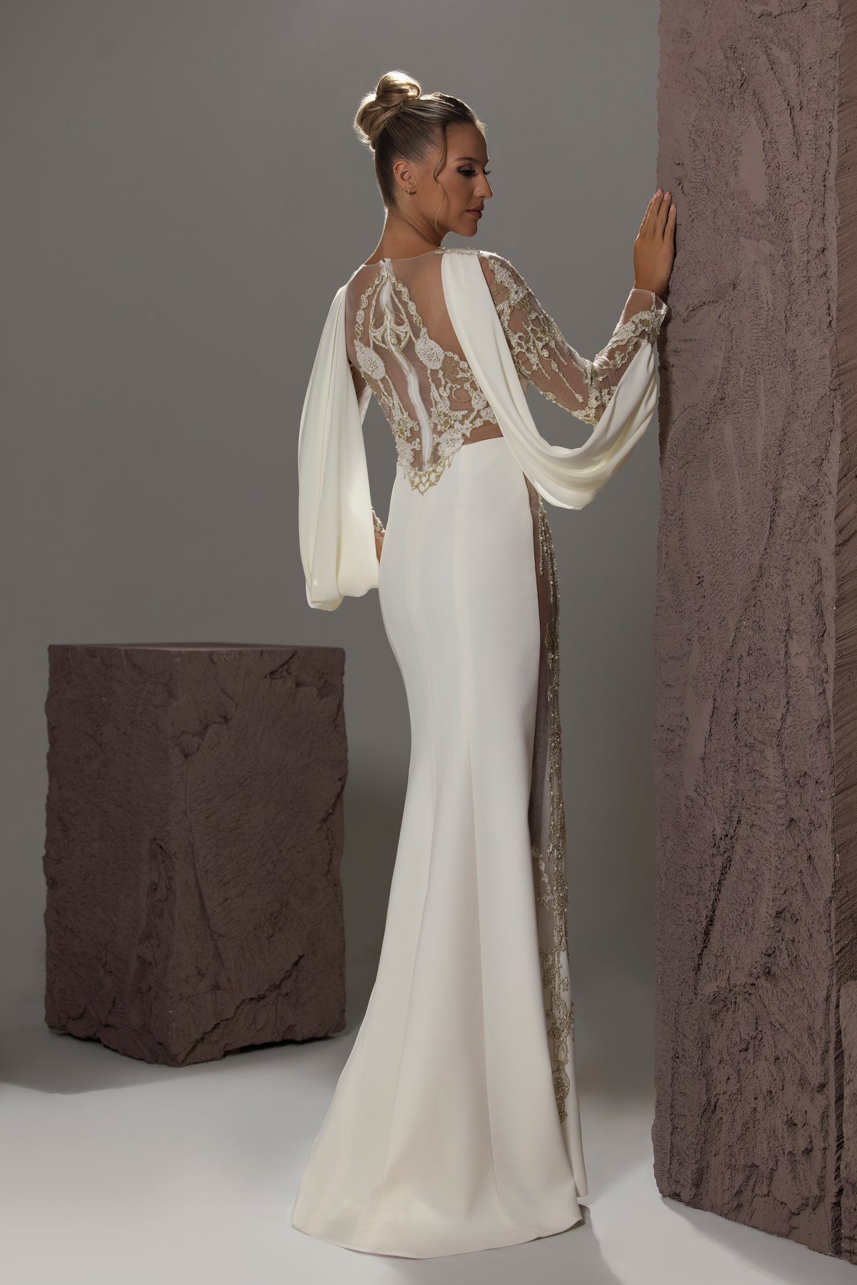 Beaded Illusion Cape Gown