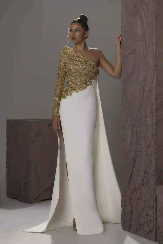 One-Sleeve Lace Cape Gown