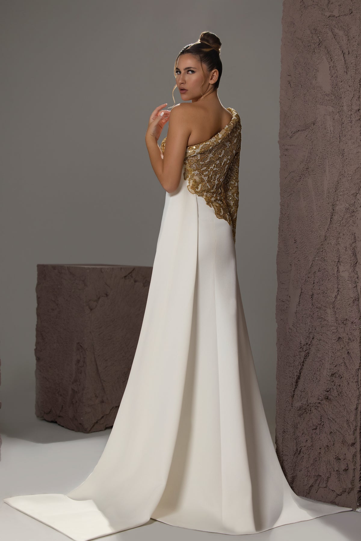 One-Sleeve Lace Cape Gown