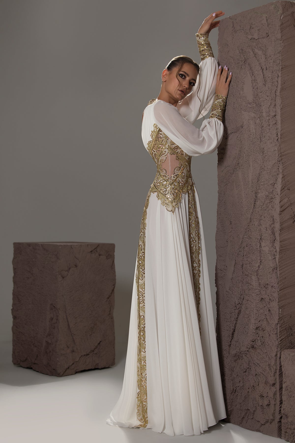 V-Neck Embroidered Chiffon Gown
