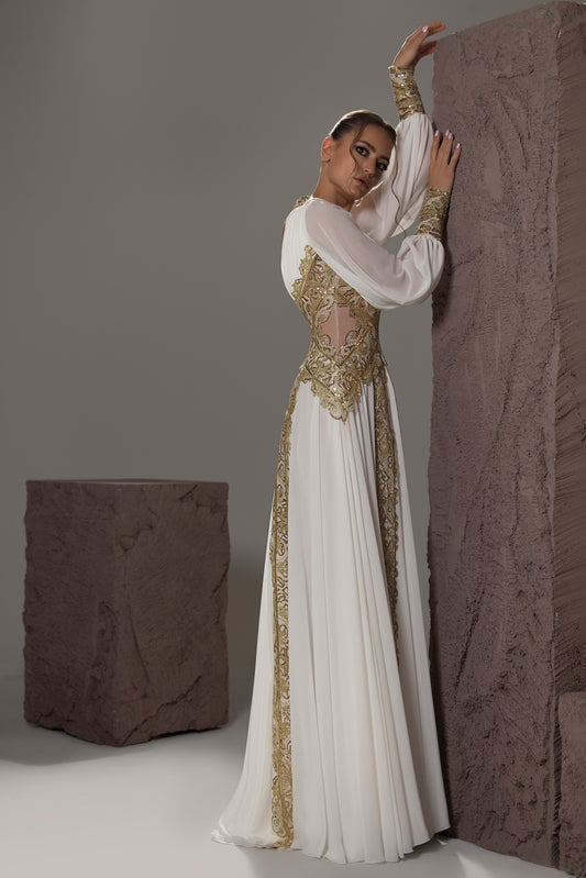 V-Neck Embroidered Chiffon Gown