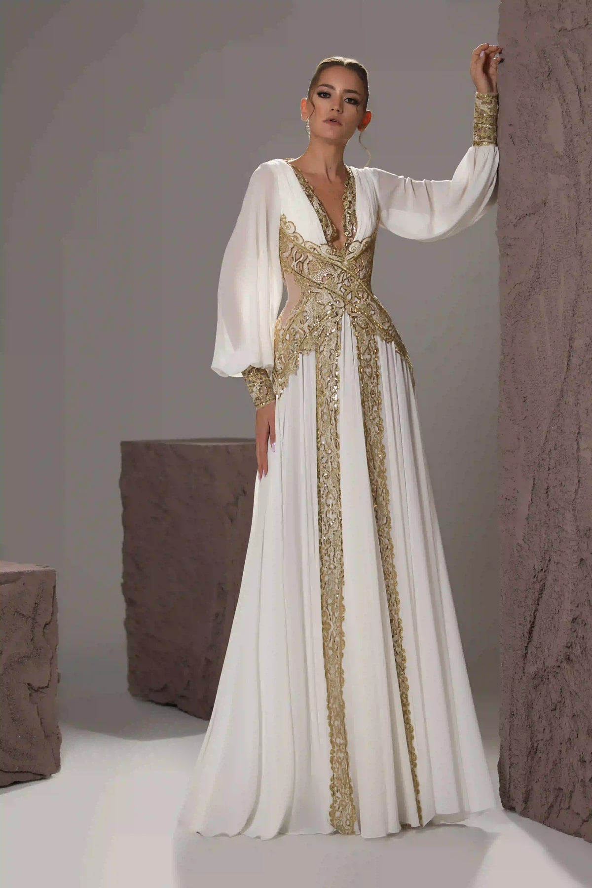 V-Neck Embroidered Chiffon Gown