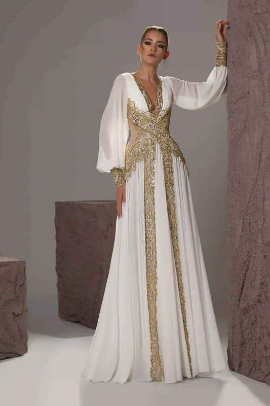 V-Neck Embroidered Chiffon Gown