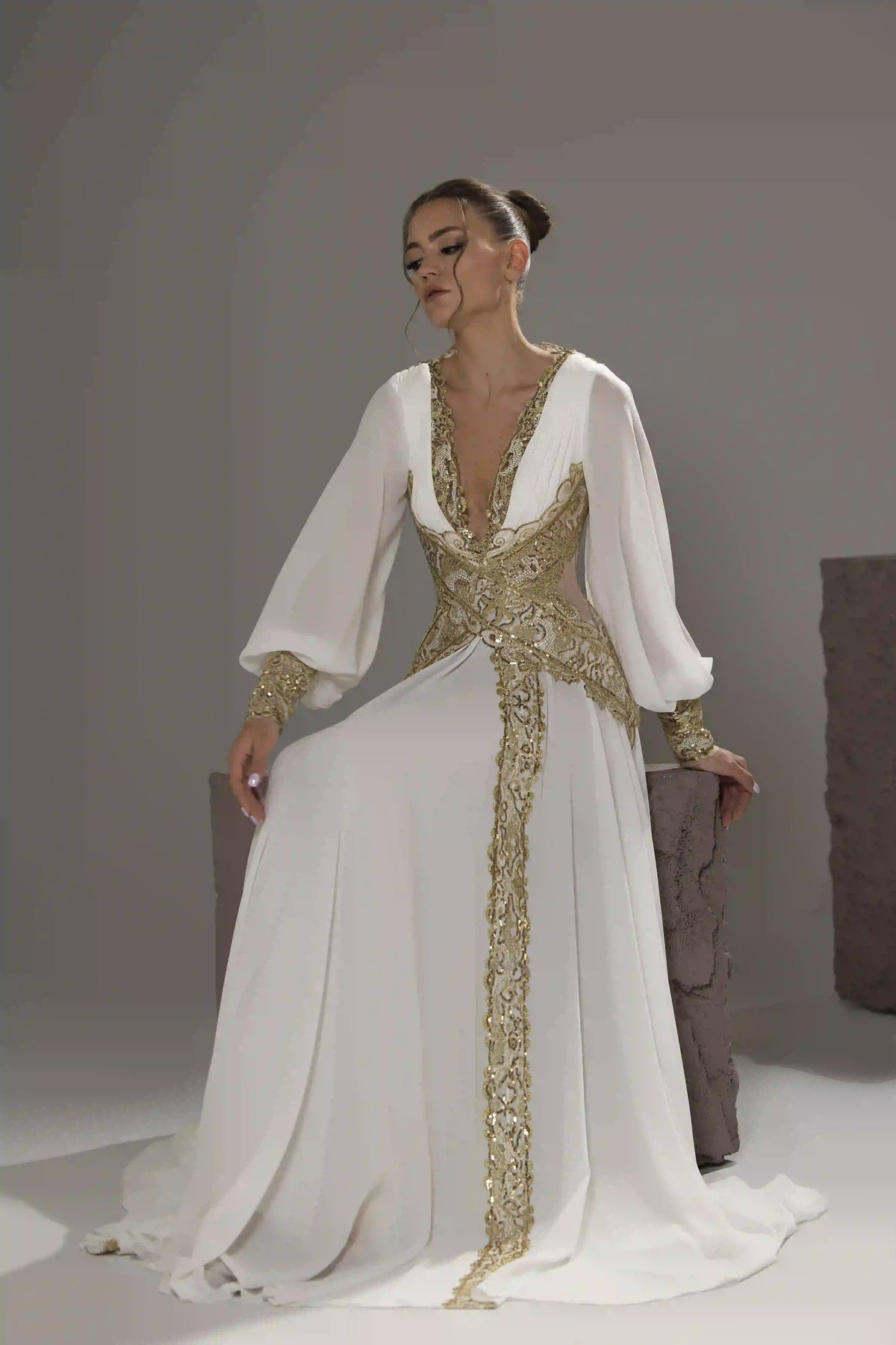 V-Neck Embroidered Chiffon Gown