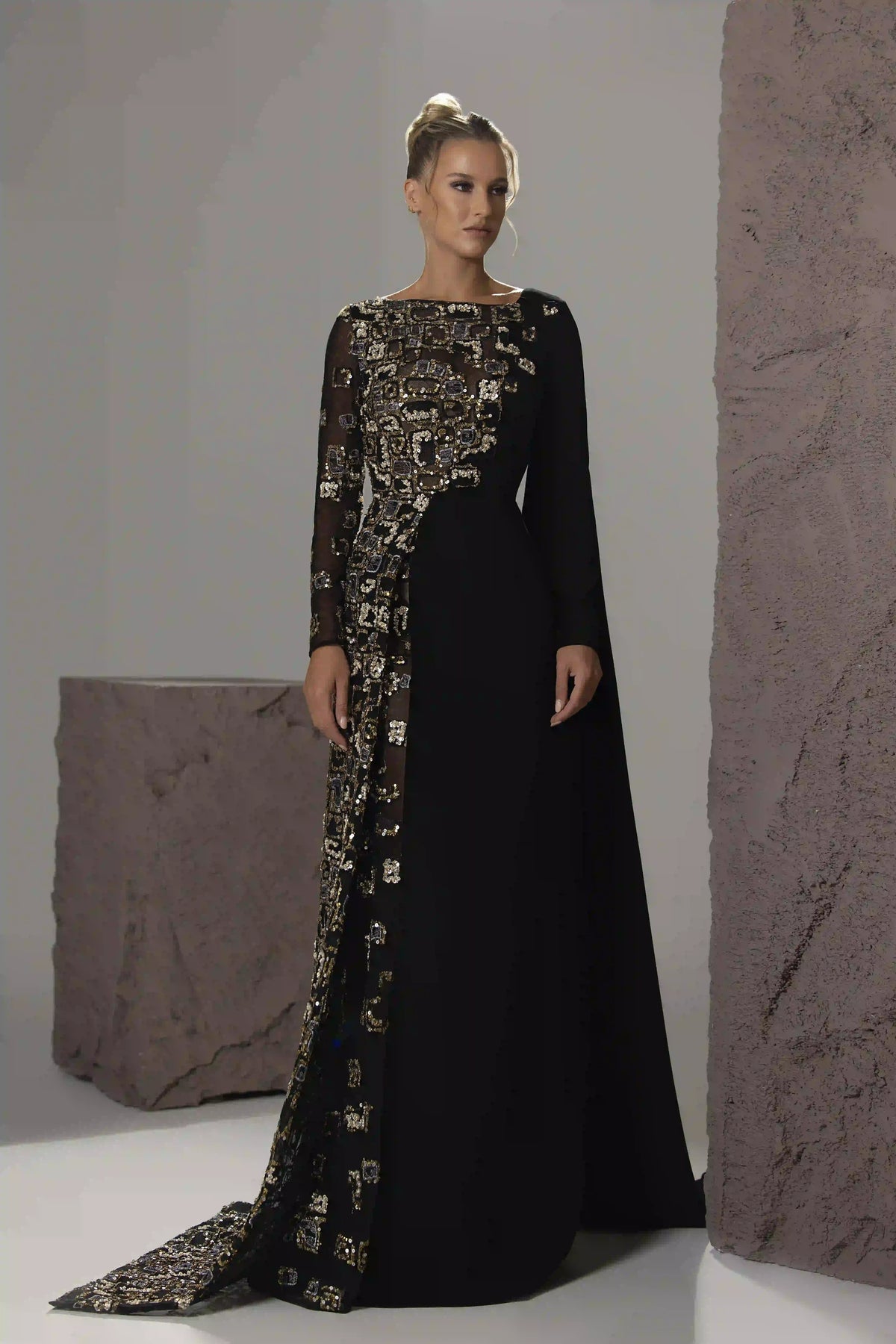 Sequined Cape-Sleeve Gown