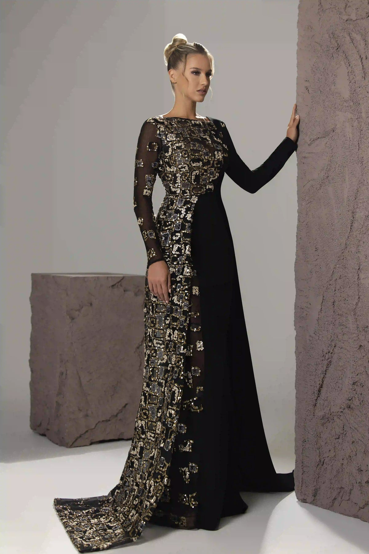 Sequined Cape-Sleeve Gown