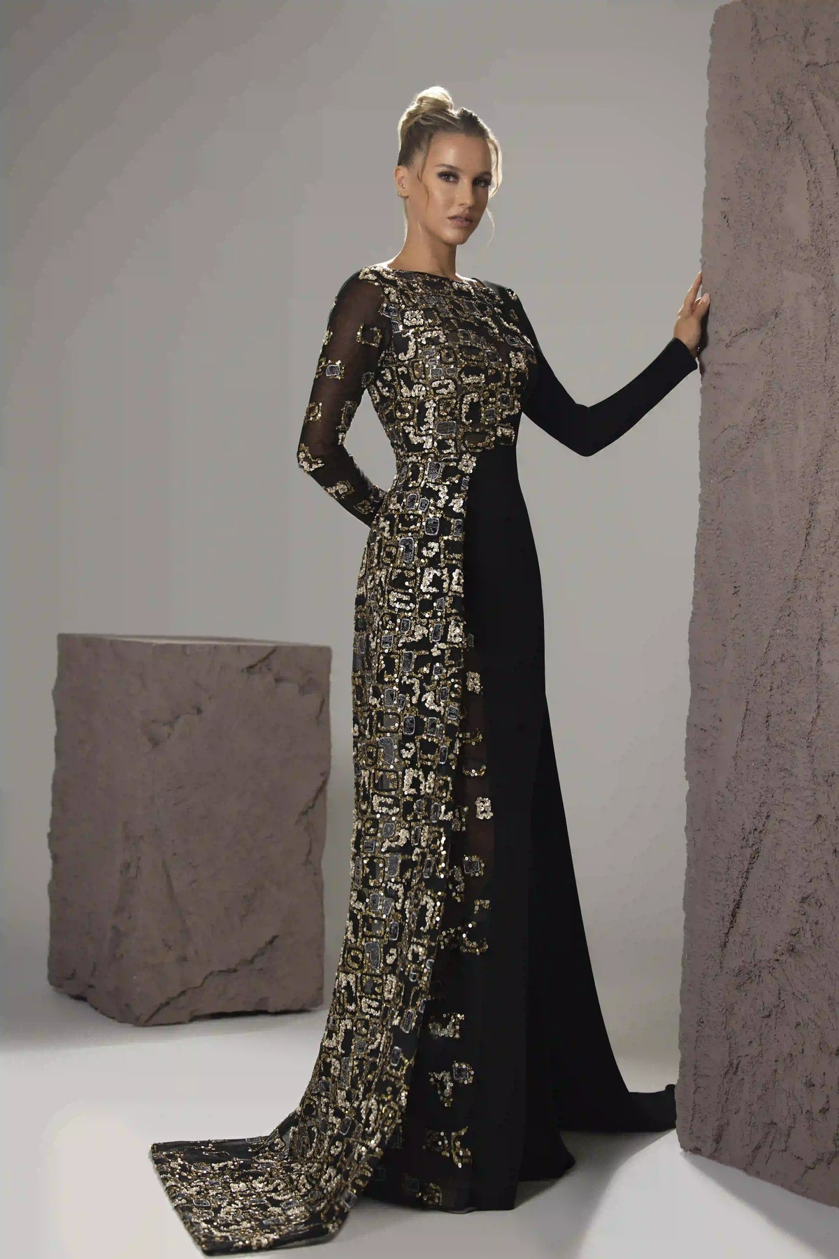 Sequined Cape-Sleeve Gown
