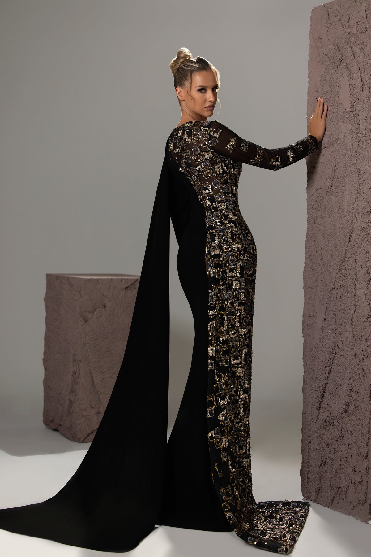 Sequined Cape-Sleeve Gown