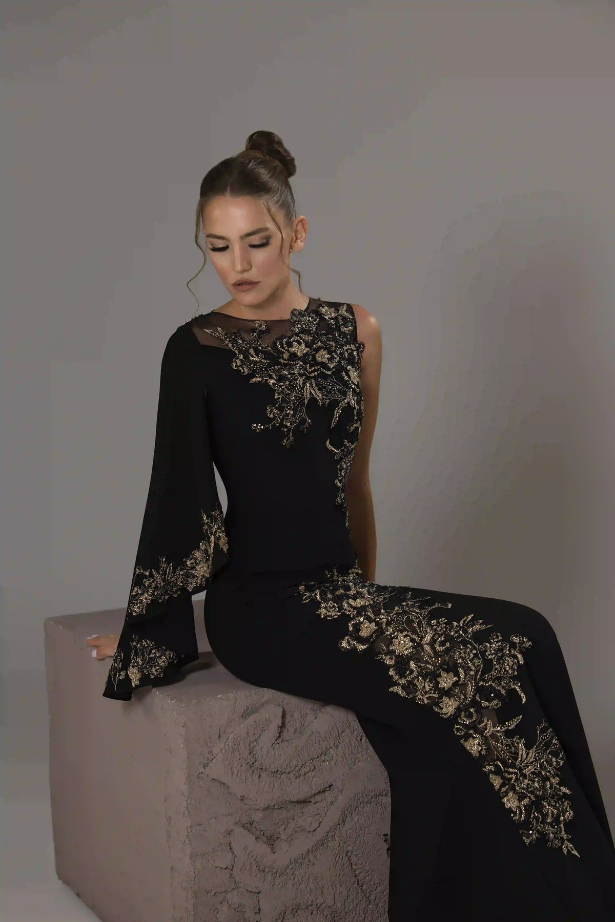Cape-Sleeve Embellished Mermaid Gown