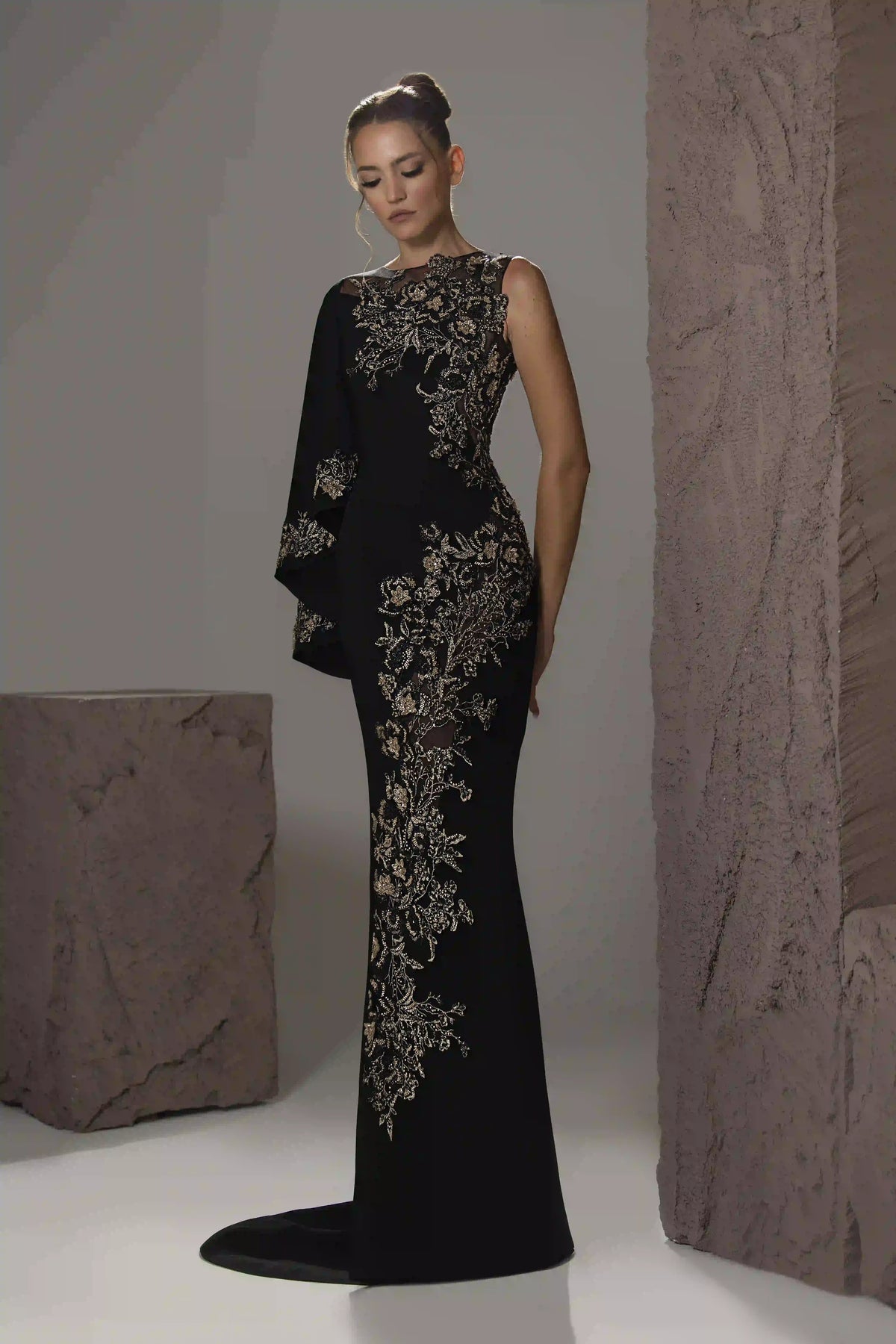 Cape-Sleeve Embellished Mermaid Gown