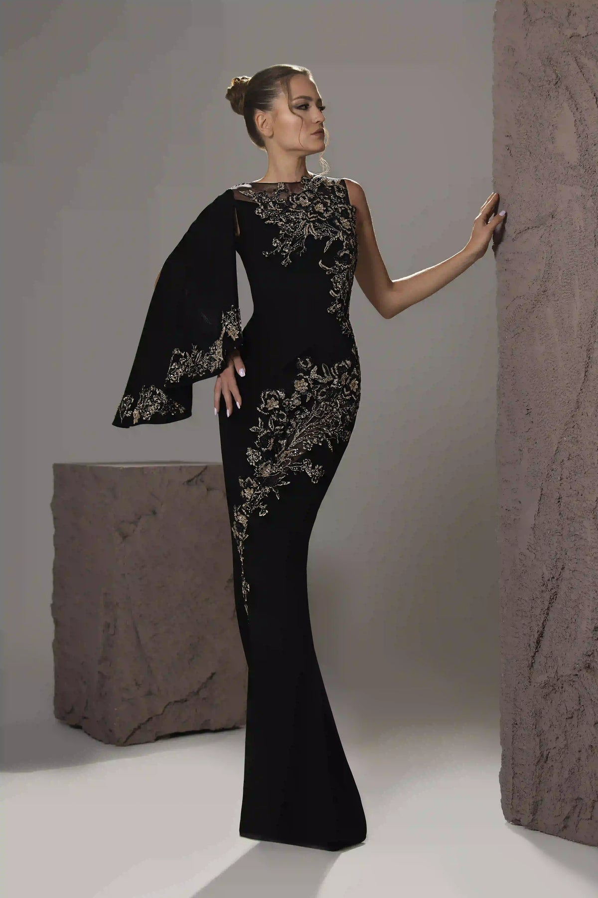 Cape-Sleeve Embellished Mermaid Gown