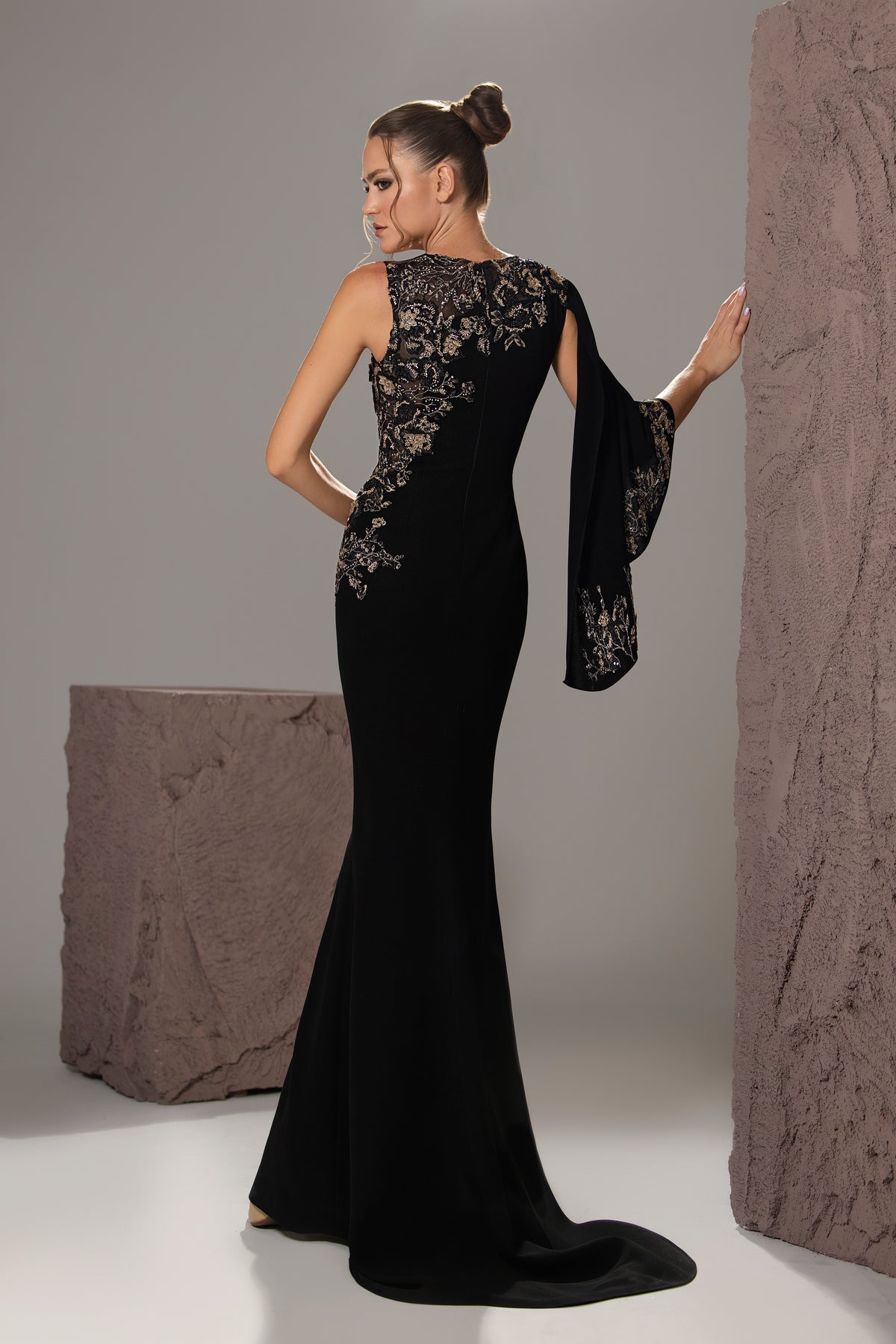 Cape-Sleeve Embellished Mermaid Gown